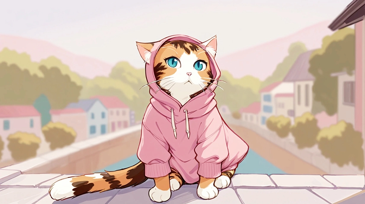 ピンクの服を着ている猫の写真をイラストに変換する